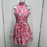 New Flowers Print Halter Dress Summer Fashion Temperament Lace-up Ruffled Dress