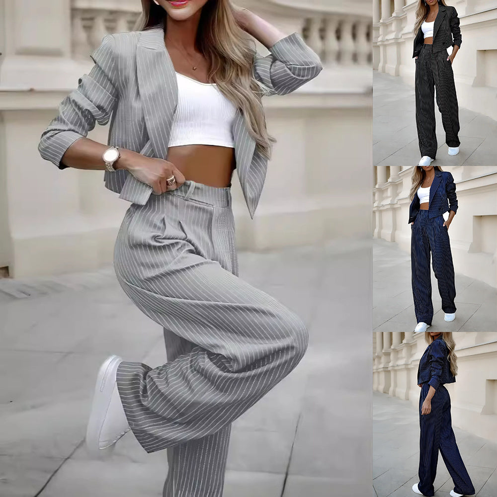 Trajes de Rayas de Moda Casual Solapa Manga Larga Top Corto y Pantalones Rectos Conjuntos Ropa de Mujer