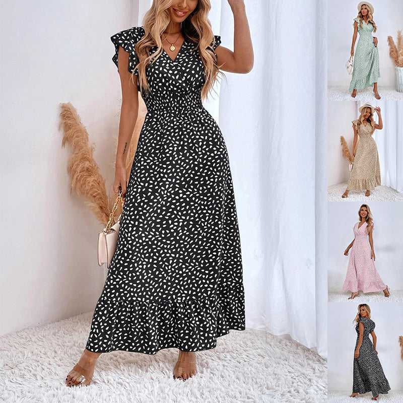 Robe longue à col en V pour femmes, volants d'été sans manches, taille haute