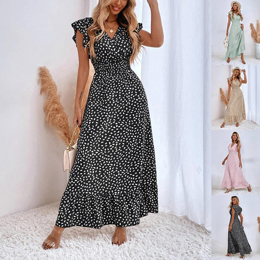 Akatonbo Women'S V-Neck Dress Summer Ruffled Sleeveless Long Dresses High Waist Clothing