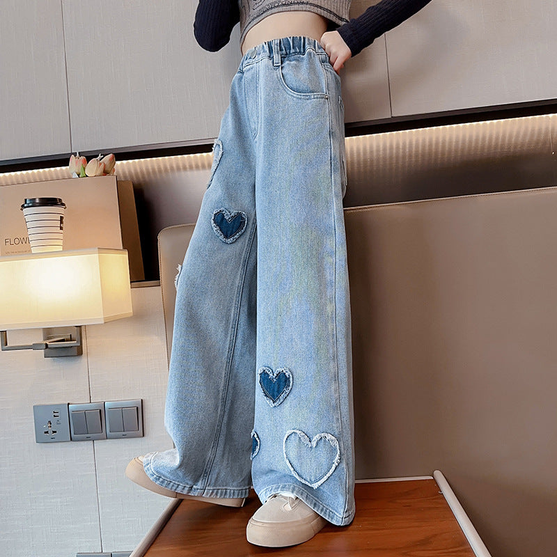 Girls' Love Raw Edge Denim Wide-leg Pants