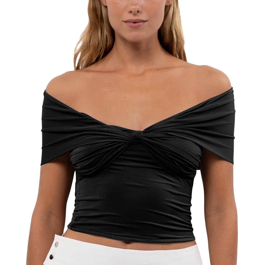 Off-shoulder Pleated Fitted Cropped Top
