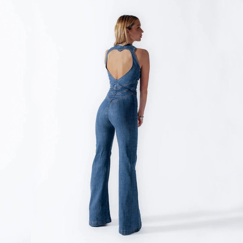 Summer Slim Heart-shape Backless Denim Jumpsuit Women Halter Neck Zip Up High Waist Retro Style