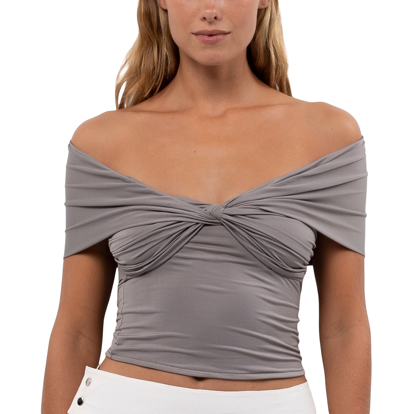 Off-shoulder Pleated Fitted Cropped Top