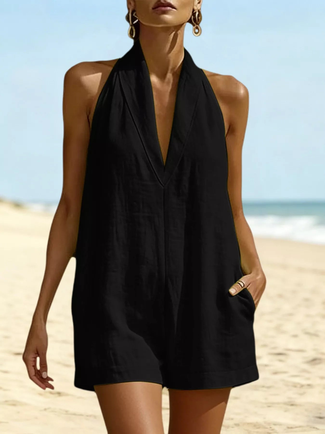 Shop Halter Neck Romper with Pockets - Women's Fashion | Akatonbo