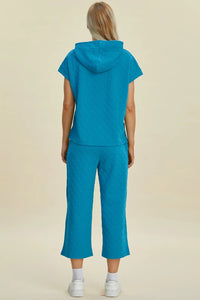 Double Take Full Size Texture Drawstring Short Sleeve Hoodie And Pocketed Pants Set