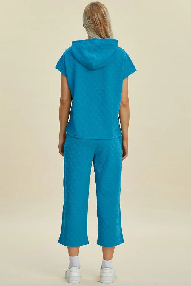 Double Take Full Size Texture Drawstring Short Sleeve Hoodie And Pocketed Pants Set