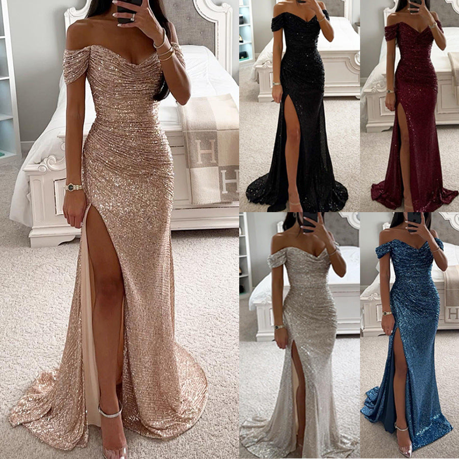 Vestido de fiesta de lentejuelas con cuello desbocado y abertura, vestido informal de moda para mujer