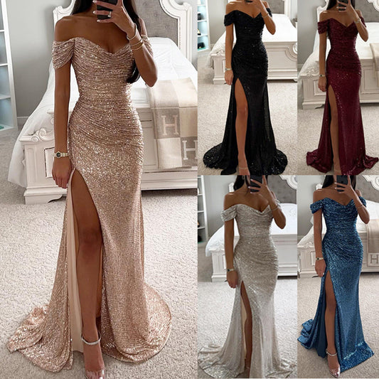 Akatonbo Party Sequins Off-Neck Split Dress Ins Casual Fashion Dress Women'S Gown