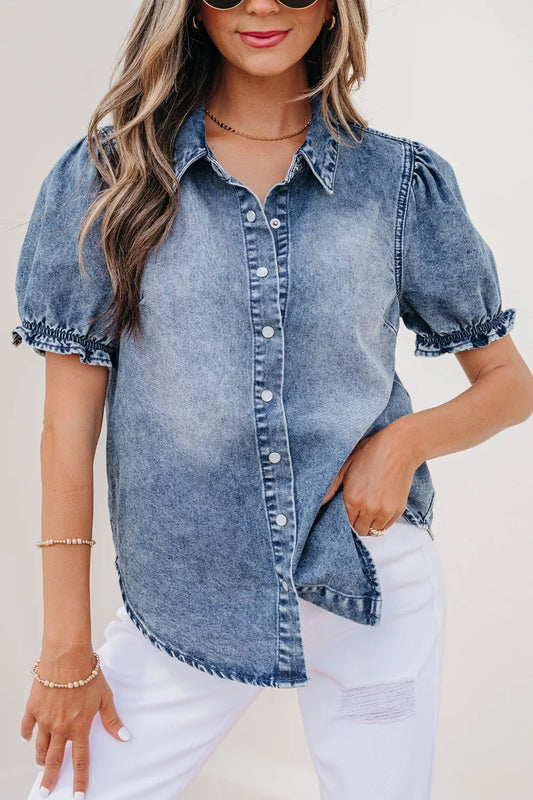 Shop Frilled Short Sleeve Snap Button Denim Shirt - Women's Fashion | Akatonbo