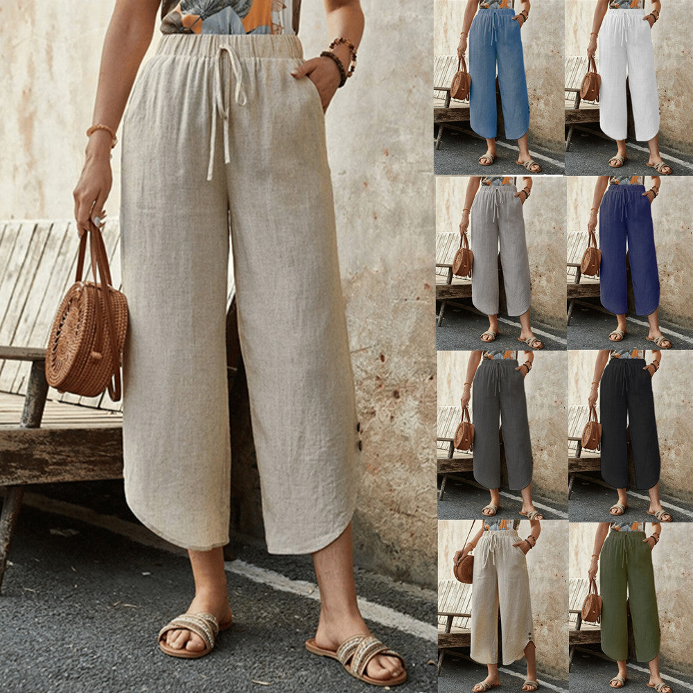 Cotton And Linen Drawstring Cropped Loose Pockets Casual Pants