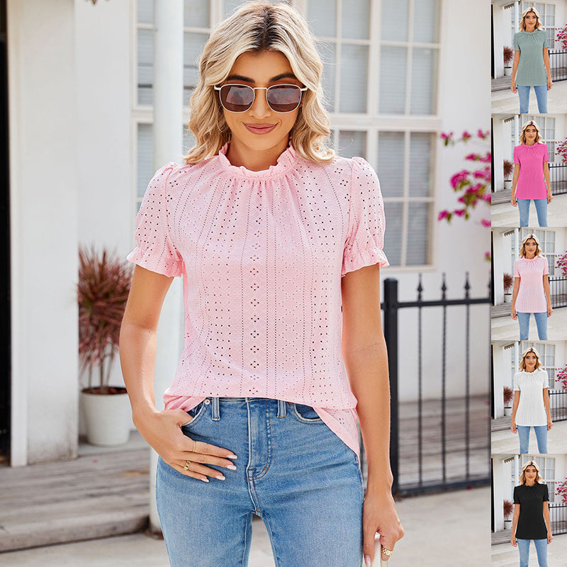 Nouveau Top Femme Col Rond En Dentelle Mode Manches Bouffantes Été Motif Creux T-Shirt Plissé Ample