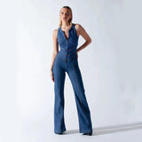 Summer Slim Heart-shape Backless Denim Jumpsuit Women Halter Neck Zip Up High Waist Retro Style