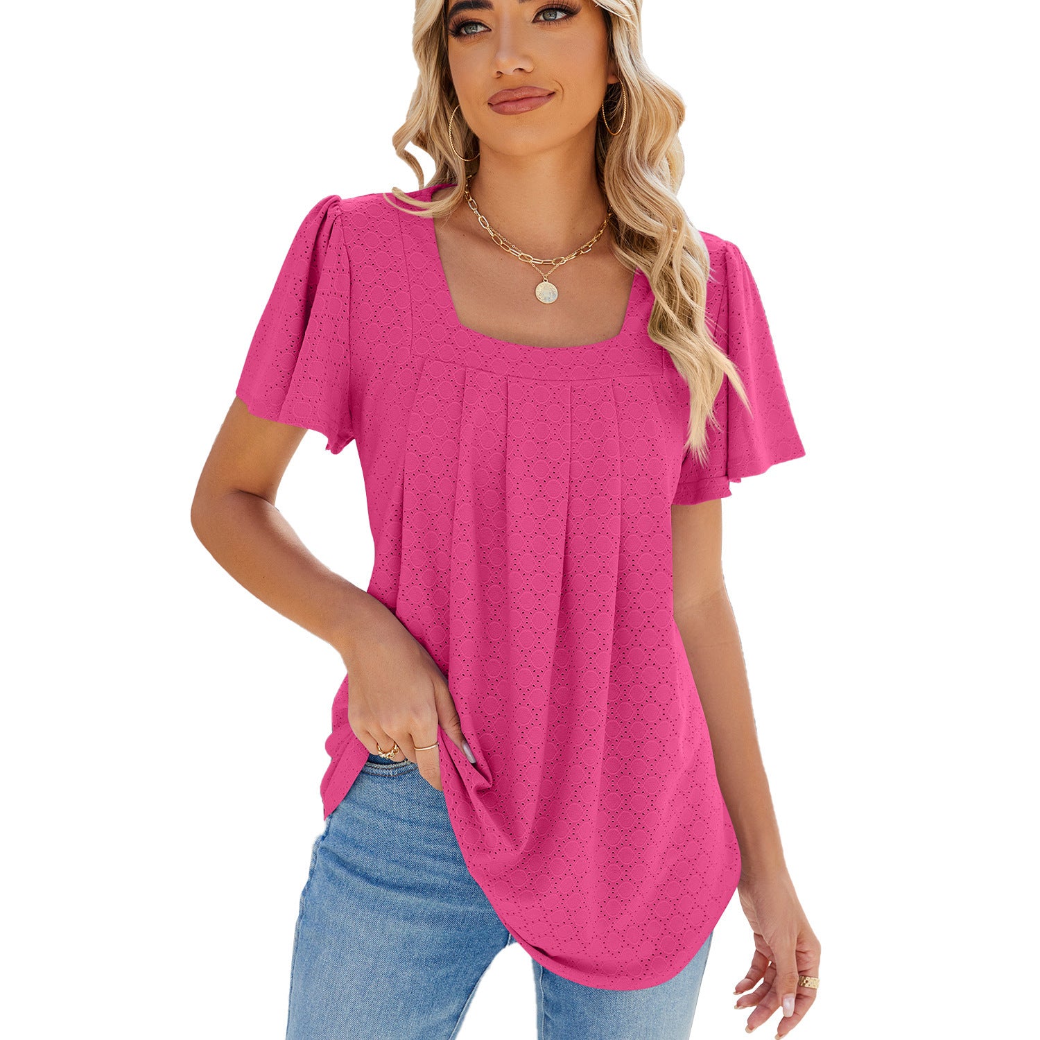 Summer Square Neck Pleated Short-sleeved T-shirt Loose Solid Color Ruffled Hollow Design Top