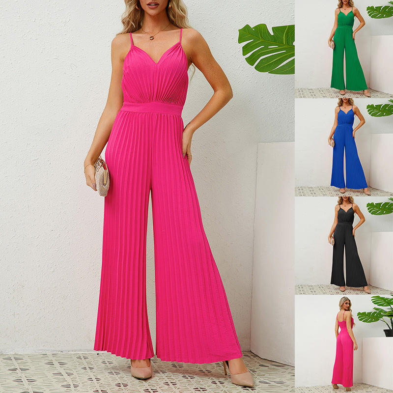 Akatonbo V-Neck Suspender Pleated Jumpsuit Solid Color Loose Straight Pants Womens Clothing