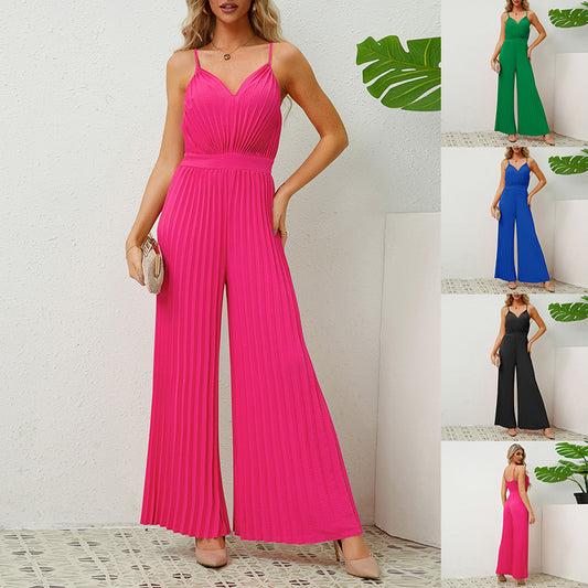 Akatonbo V-Neck Suspender Pleated Jumpsuit Solid Color Loose Straight Pants Womens Clothing