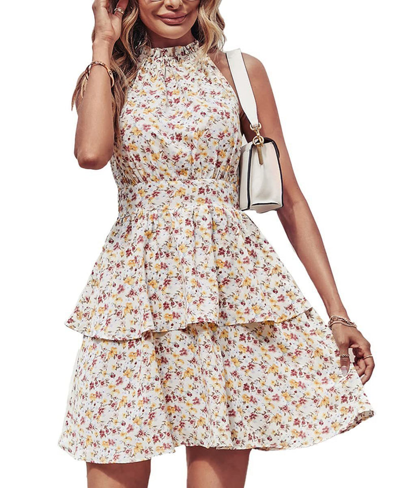 Summer Printed Halter Dress Fashion Boho Backless Ruffled A-Line Beach Dress