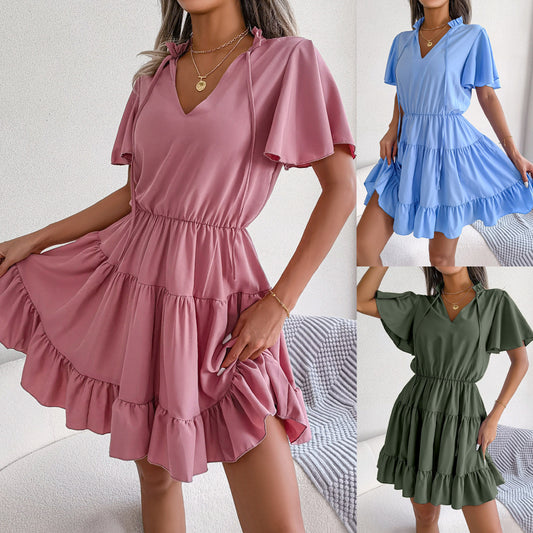 Akatonbo Female Flounced Skirt Ribbon Big Hem A- Line Skirt Solid Color Dress