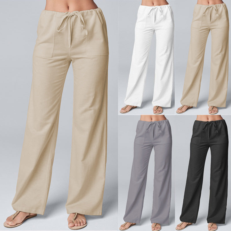 Women's Fashion Solid Color Loose Lace-up Cotton And Linen Wide-leg Pants