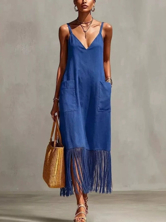 Shop Full Size Fringe V-Neck Spaghetti Strap Dress Plus Size - Women's Fashion | Akatonbo