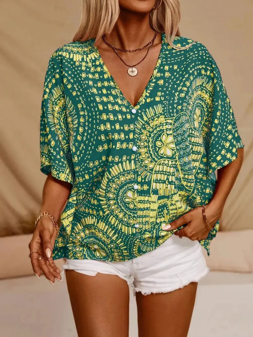 Shop Printed V-Neck Half Sleeve Top - Women's Fashion | Akatonbo