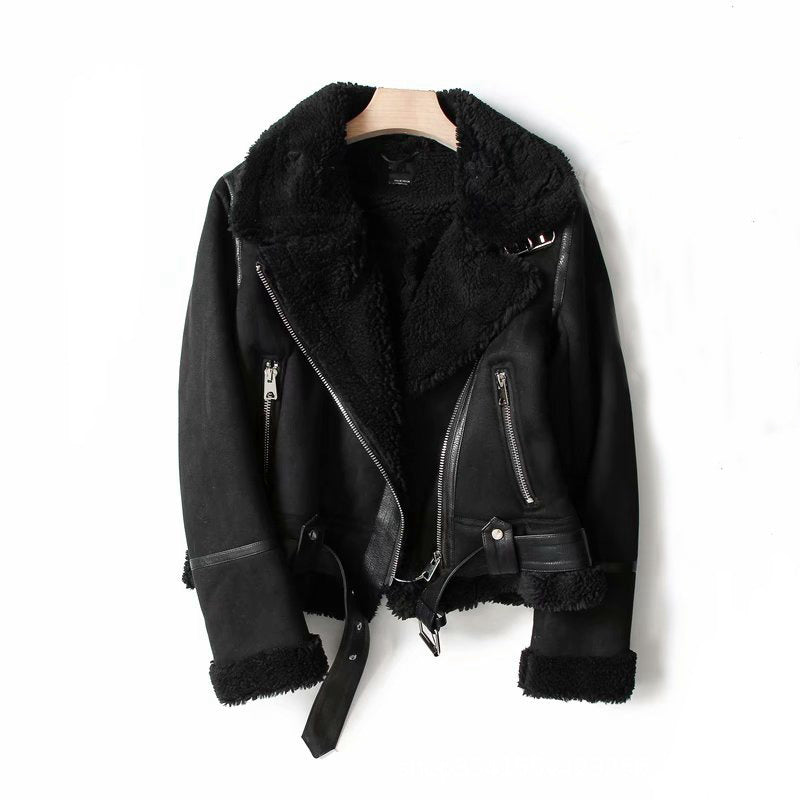 Chaqueta de invierno con solapa, gamuza, lana de cordero, abrigo cálido, ropa de moto para mujer.
