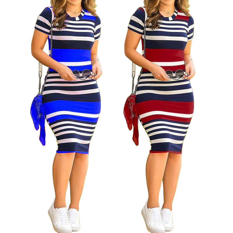 Women's Summer New Striped Printed Dress Office Lady Sheath Skirt