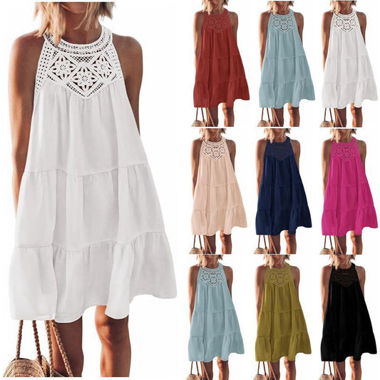Akatonbo Summer Halterneck A-Line Dress With Flower Hollow Lace Design Casual Loose Vacation Beach Dresses For Womens Clothing