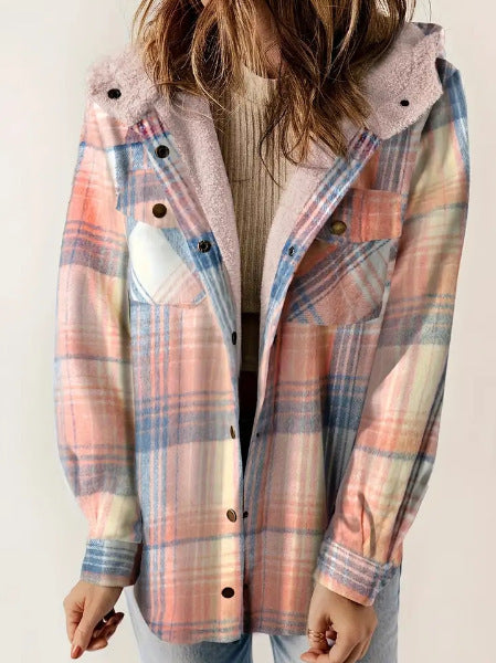 Casual Plaid Hooded Woolen Coat Thickened Fleece-lined Warm Jacket