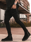 Men's Ripped Black Slim-fit High Waist Denim Trousers