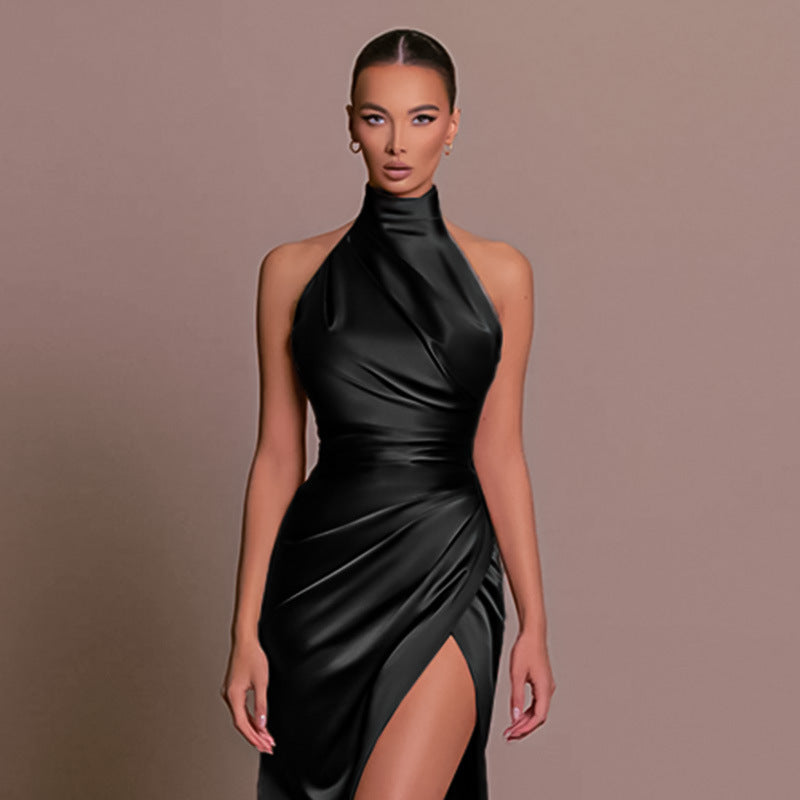 Robe longue élégante à col montant, dos nu, sans manches, nouvelle collection automne