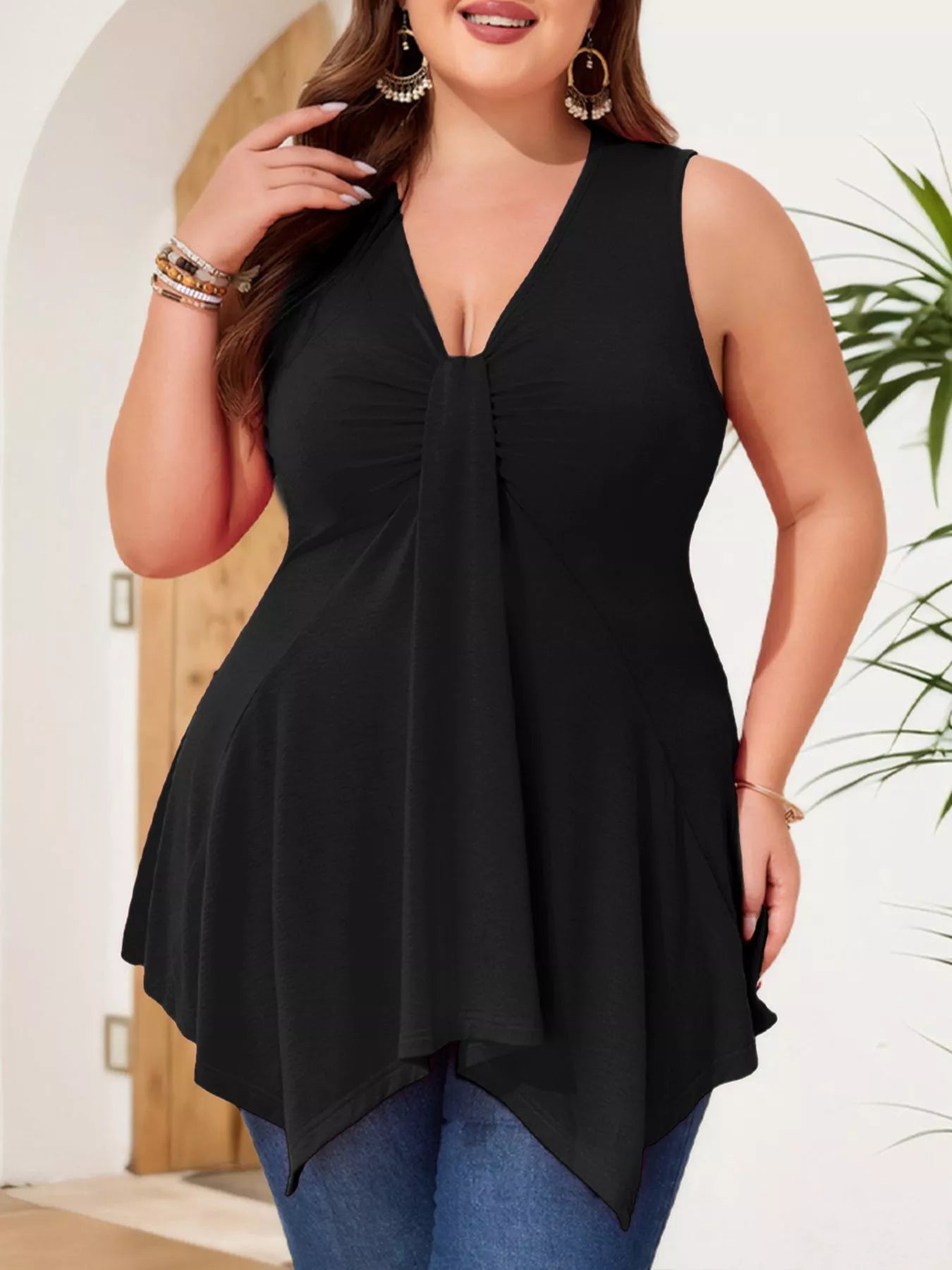 Shop Plus Size V-Neck Ruched Flowy Tank - Women's Fashion | Akatonbo