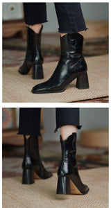 Women Boots Ankle Sock Boots High Heels Square Pointed Toe Leather