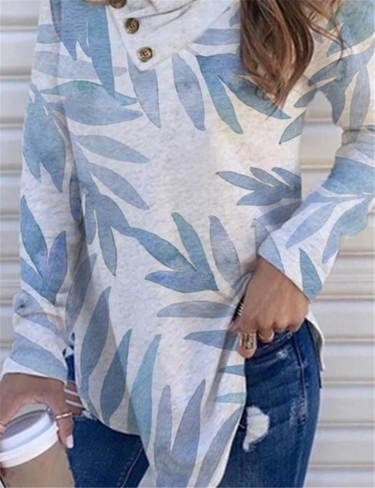 Top Ethnic Print Pile Collar Long-sleeved Bottoming Shirt T-shirt