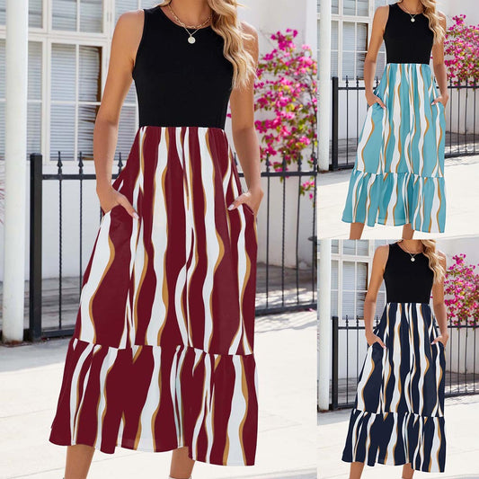 Akatonbo Round Neck Sleeveless Long Dress Summer Fashion Striped Print Dresses Womens Clothing