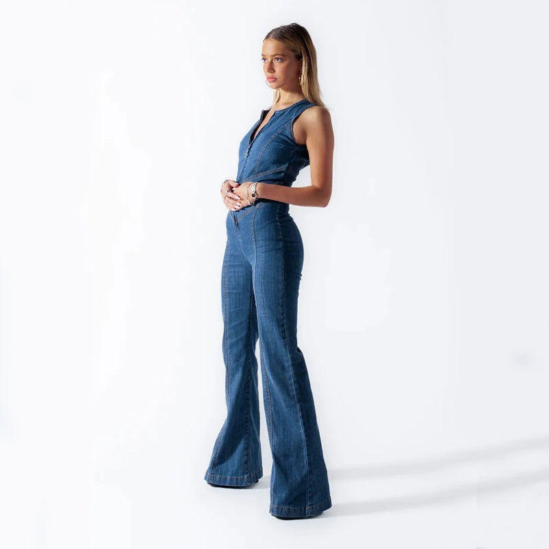 Summer Slim Heart-shape Backless Denim Jumpsuit Women Halter Neck Zip Up High Waist Retro Style