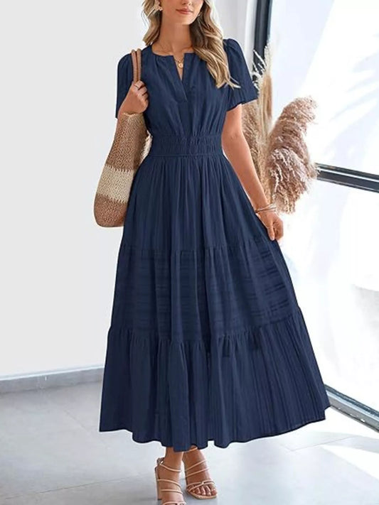 Shop Full Size Short Sleeve Tiered Midi Dress Plus Size - Women's Fashion | Akatonbo
