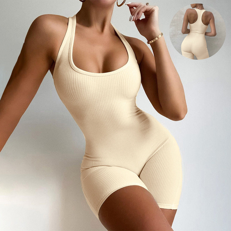 Combinaison sans manches dos nu, couleur unie, pour le fitness, le sport, le yoga, les leggings, les shorts, les justaucorps, les barboteuses fines une pièce pour femmes