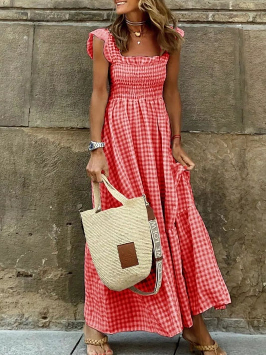 Shop Full Size Gingham Smocked Ruffle Maxi Dress Plus Size - Women's Fashion | Akatonbo