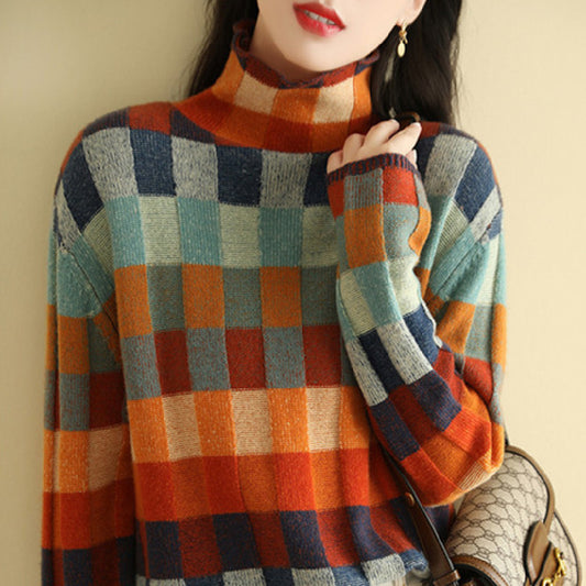 Akatonbo Women'S Fashionable Personality Colorful Checkerboard Sweater