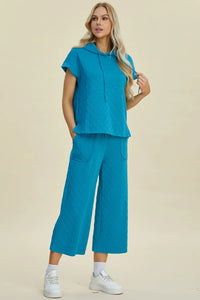 Double Take Full Size Texture Drawstring Short Sleeve Hoodie And Pocketed Pants Set