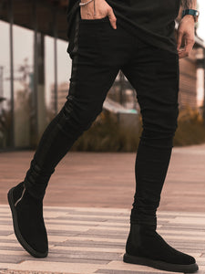 Men's Ripped Black Slim-fit High Waist Denim Trousers