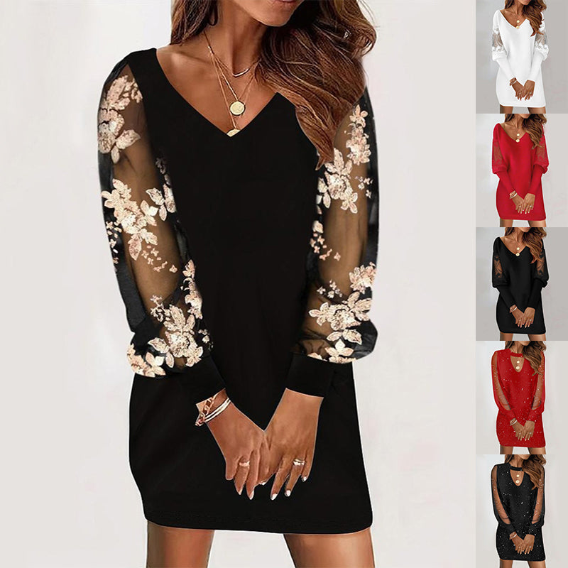 Robe Longue Col V Printemps Et Automne Nouveau Style Dentelle Épissure Robe Pour Vêtements Féminins