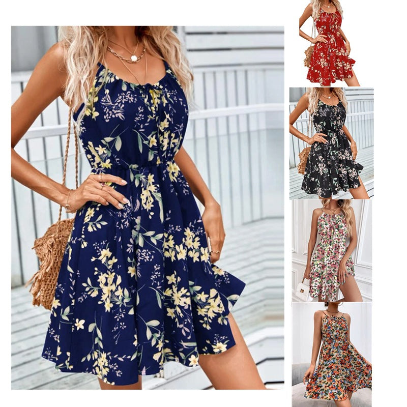 Akatonbo Floral Print Suspender Dress With Elastic Waist Design Fashion Summer Short Dresses Womens Clothing