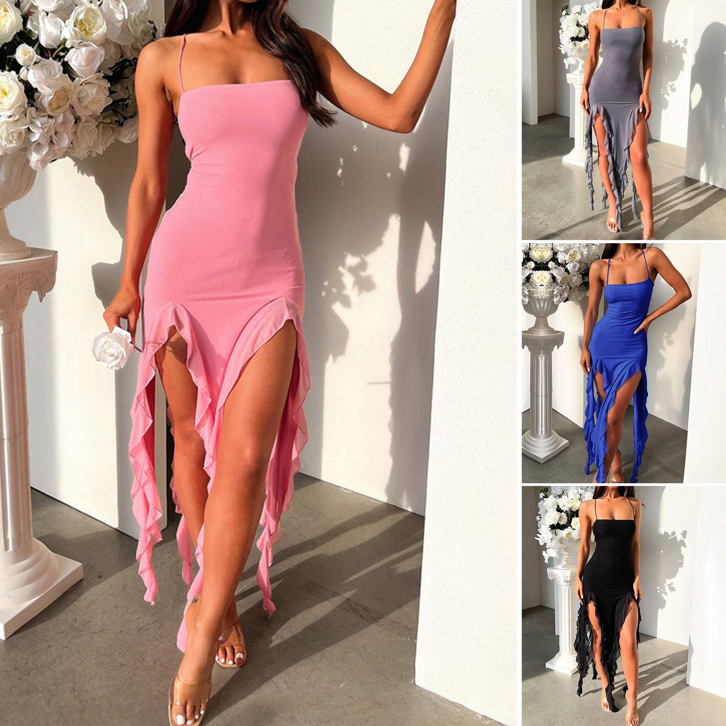Akatonbo Sexy Suspender Tight Slim Skirt Fashion Split Ruffle Design Dress Summer Womens Clothing