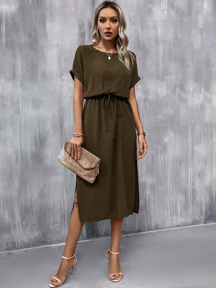 Clasi Batwing Sleeve Knot Front Split Thigh Dress