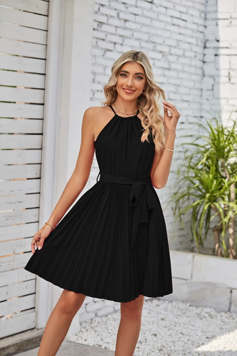 Vestidos sin tirantes con cuello halter para mujer, falda plisada sólida, vestido playero de verano