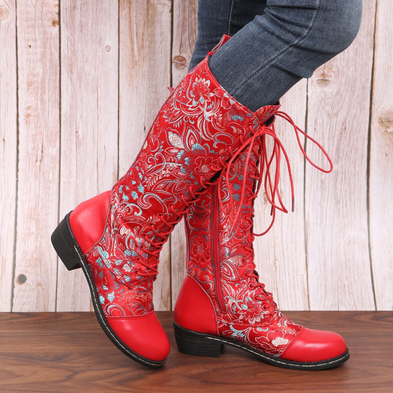 Flowers Print Long Boots WInter Retro Ethnic Style Shoes Lace-up Heeled Boots Women