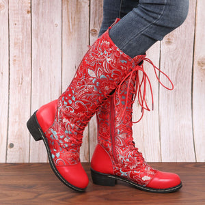 Flowers Print Long Boots WInter Retro Ethnic Style Shoes Lace-up Heeled Boots Women