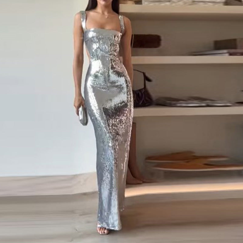 Akatonbo Sequin Sling Square Collar Backless Dress Dress Skirt